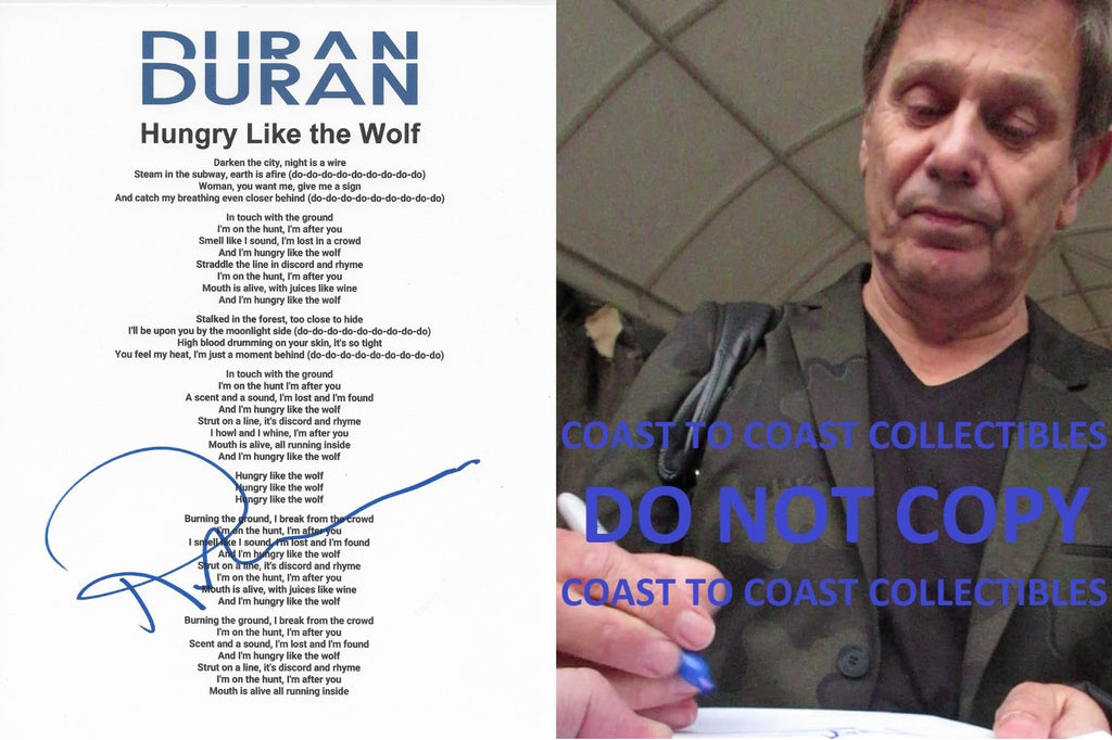 Roger Taylor drummer signed Duran Duran Hungry like the Wolf Lyrics sheet COA proof autographed STAR