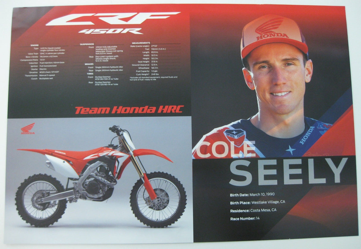 Cole Seely, Supercross, Motocross, Signed, Autographed, Honda 13x19 Poster, COA Will Be Included,