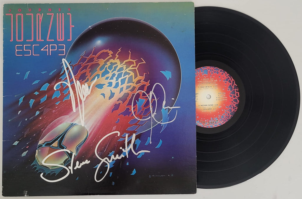 Neal Schon Jonathan Cain Steve Smith signed Journey Escape album vinyl COA proof STAR