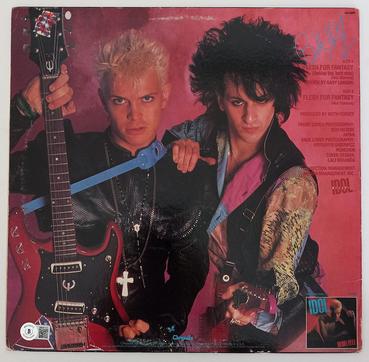 Billy Idol Steve Stevens signed Flesh for Fantasy album vinyl proof Beckett COA STAR
