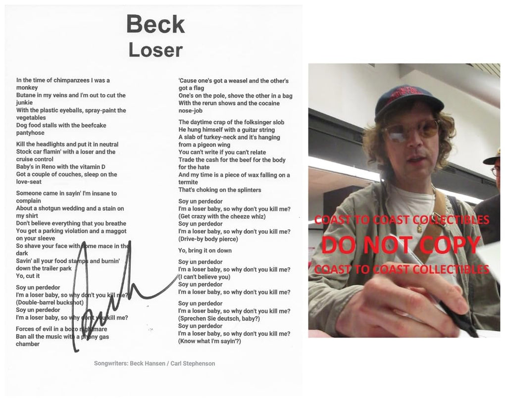 Beck Hansen signed Loser Lyrics sheet COA exact Proof autographed