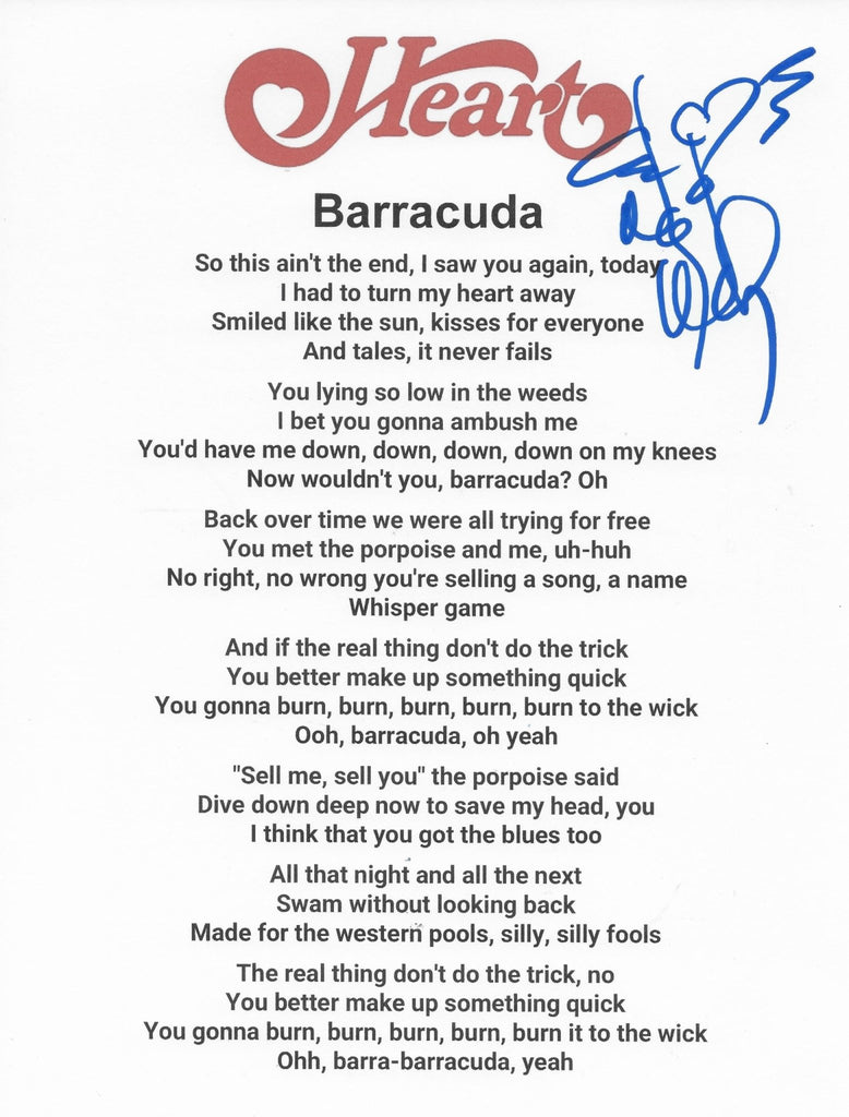 Nancy Wilson Signed Heart Barracuda Lyrics Sheet Proof COA Autographed Star