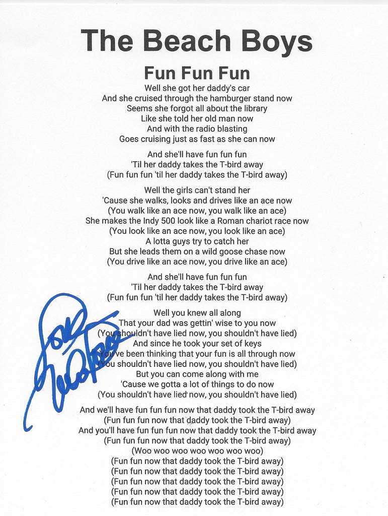 Mike Love signed Beach Boys Fun, Fun, Fun Lyrics sheet autograhed COA Proof STAR