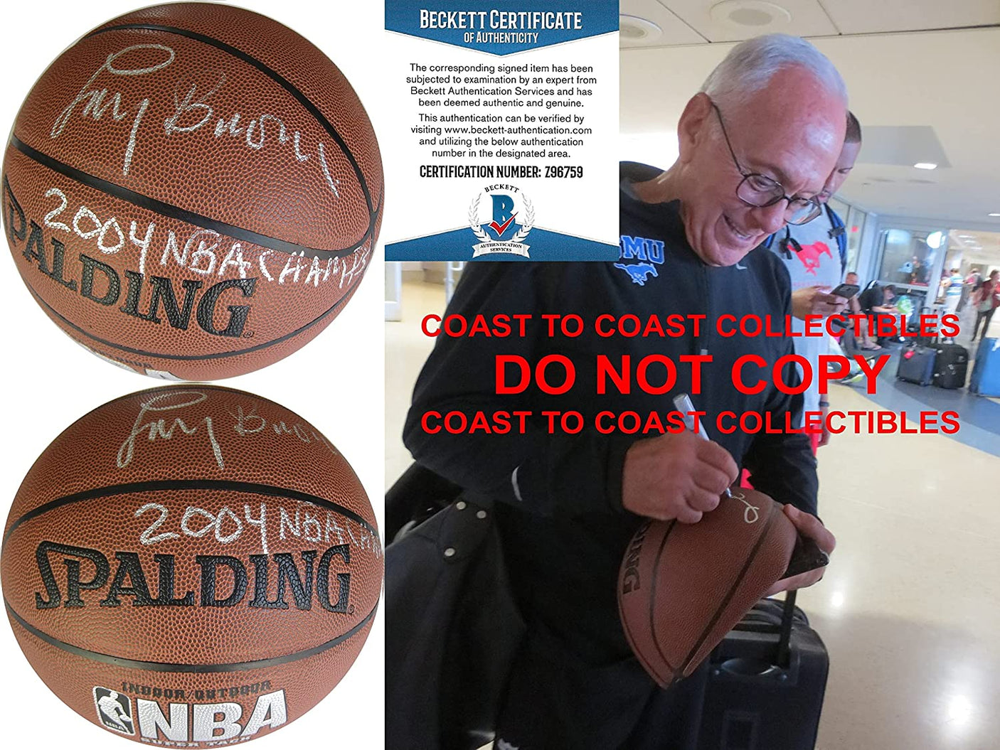 Larry Brown Detroit Pistons 76ers signed autographed NBA Basketball proof Beckett COA