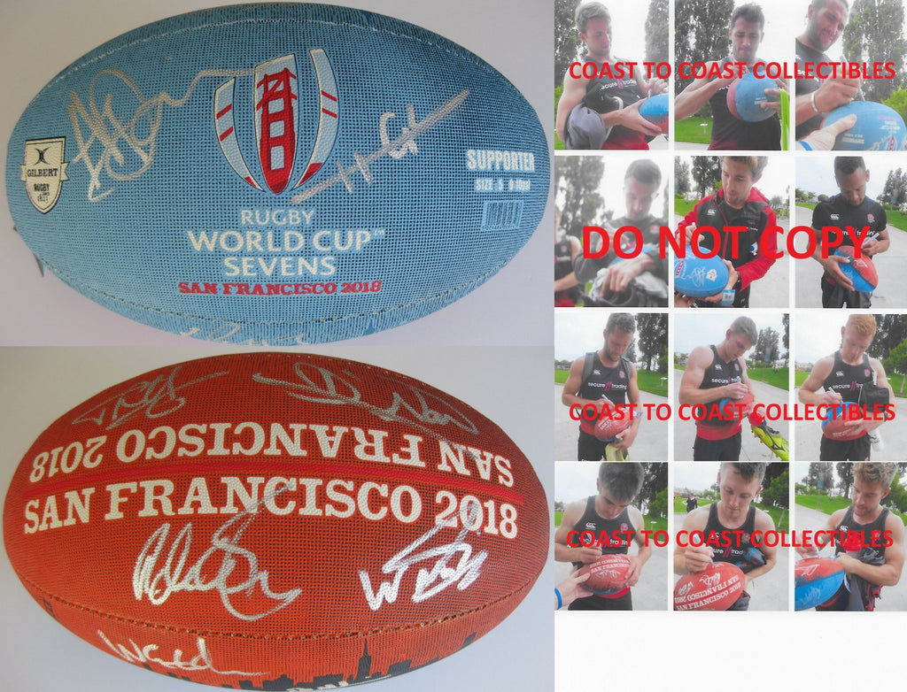 2018 England National 7's team signed, autographed San Francisco World Cup Rugby logo ball & Proof