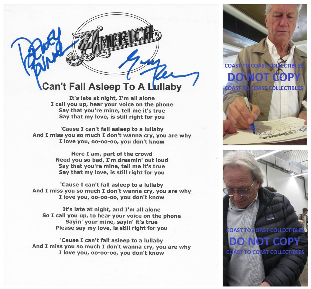 Dewey Bunnell Gerry Beckley signed America Can't Fall Asleep To A Lullabye Lyrics sheet COA Proof STAR