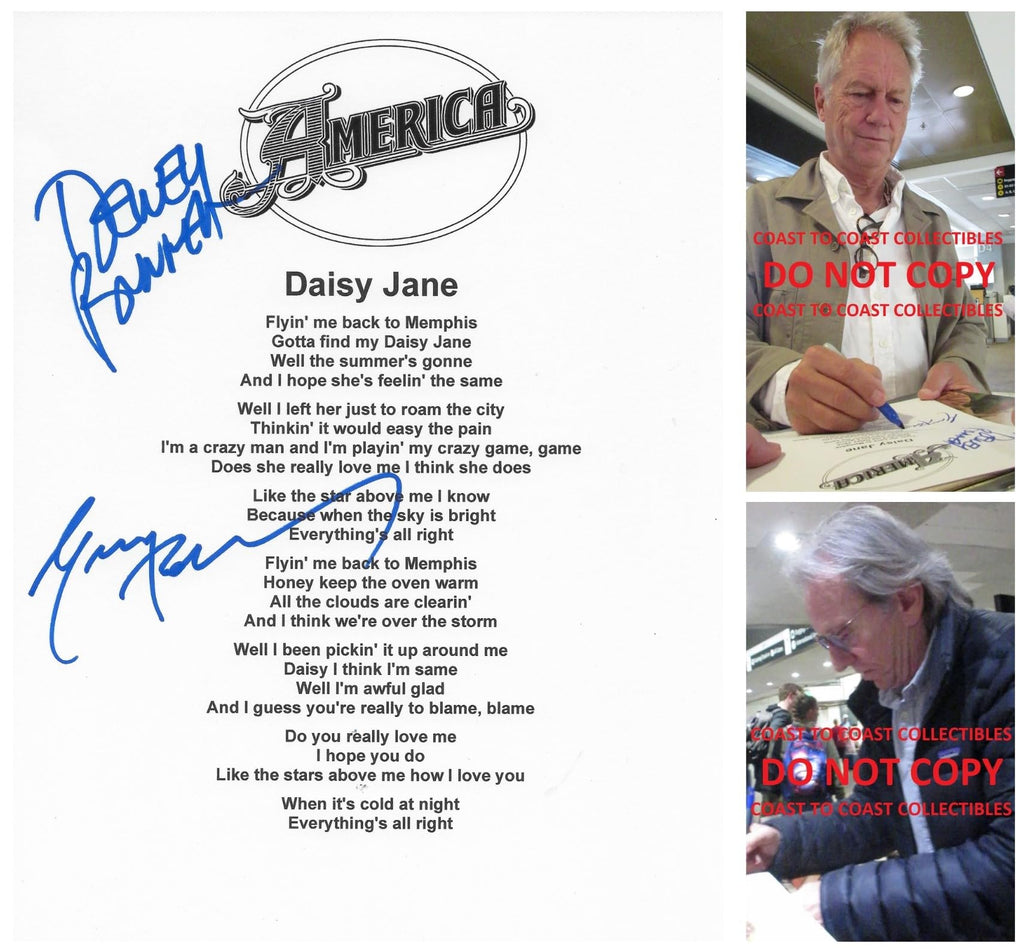 Dewey Bunnell Gerry Beckley signed America Daisy Jane Lyrics sheet COA Proof STAR