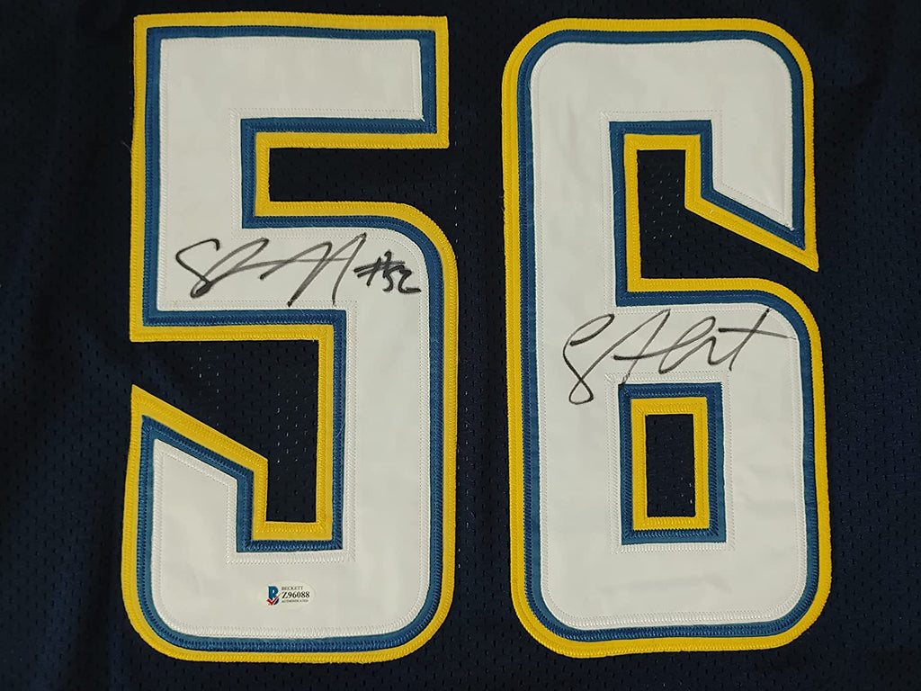 Shawne Merriman signed San Diego Chargers football jersey proof Beckett COA autographed
