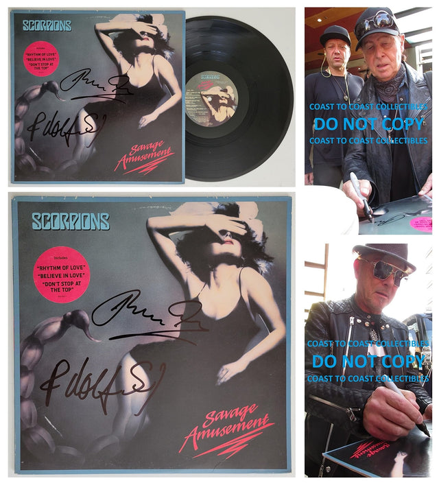 Klaus Meine Rudolf Schenker signed Scorpions Savage Amusement album COA proof star