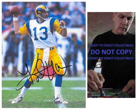 Kurt Warner signed St Louis Rams football 8x10 photo COA proof autographed.