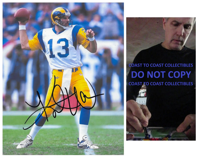 Kurt Warner signed St Louis Rams football 8x10 photo COA proof autographed.