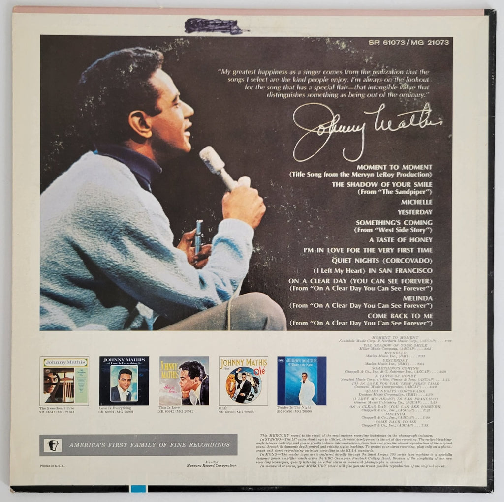 Johnny Mathis signed The Shadow of your Smile album, vinyl COA exact proof autographed STAR
