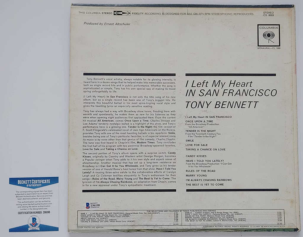 Tony Bennett signed I left my heart in SF album vinyl record proof Beckett COA autograph STAR