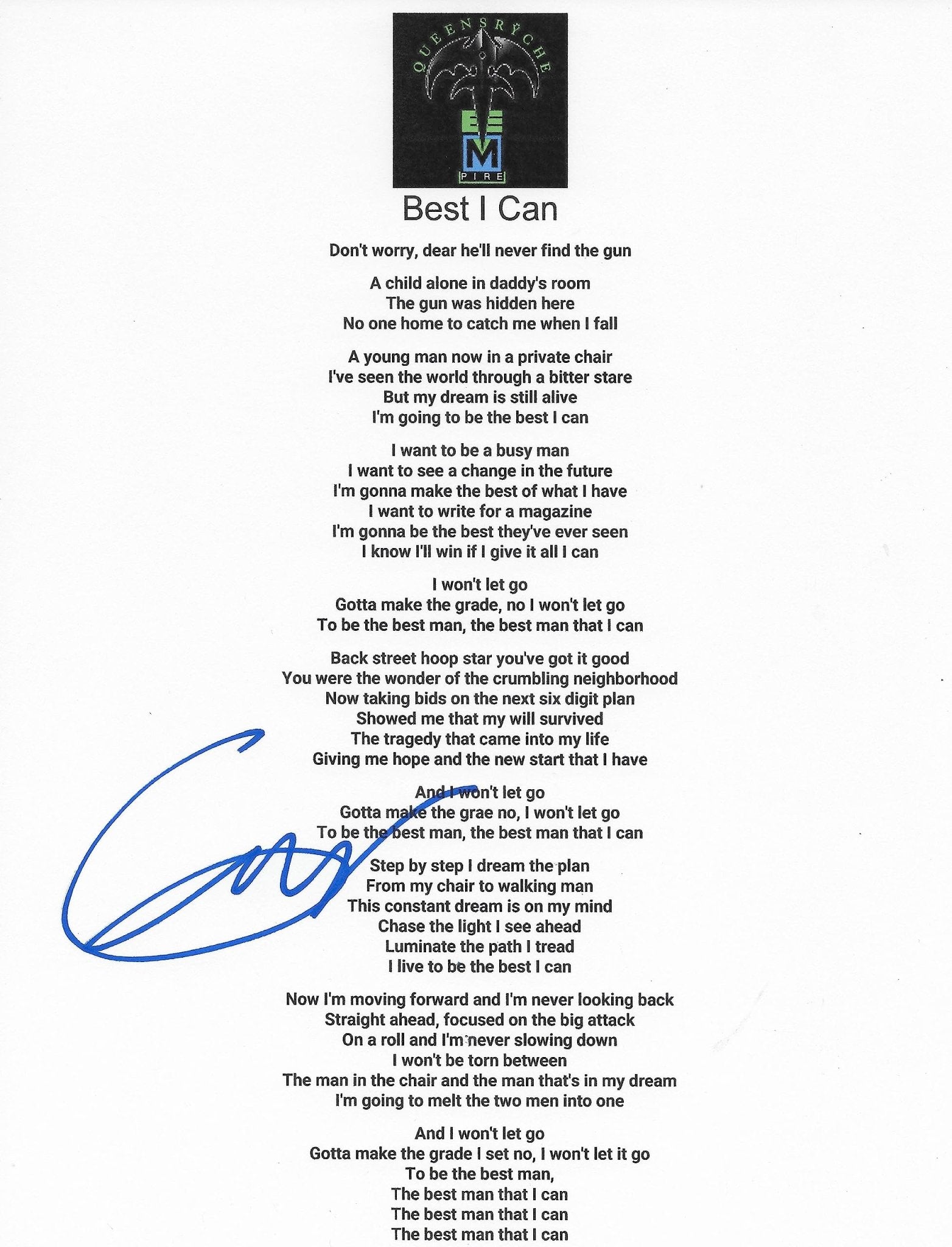 Geoff Tate signed Queesryche Jet City Woman Lyrics sheet COA proof