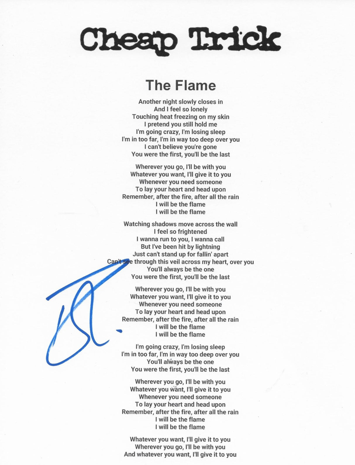 Robin Zander signed Cheap Trick The Flame Lyrics sheet COA Proof autographed star