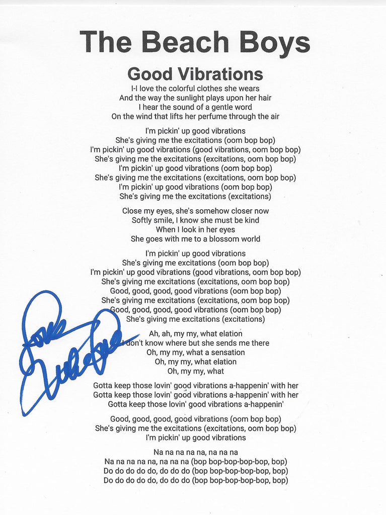 Mike Love signed Beach Boys Good Vibrations Lyrics sheet autograhed COA Proof STAR