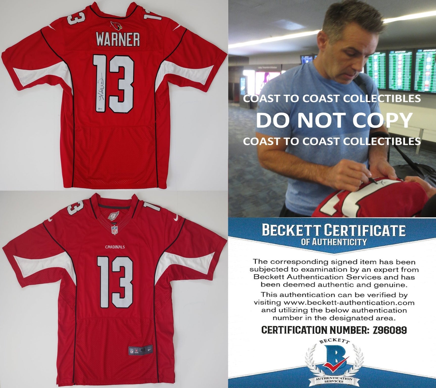 Kurt Warner signed Arizona Cardinals football Jersey proof Beckett COA autographed