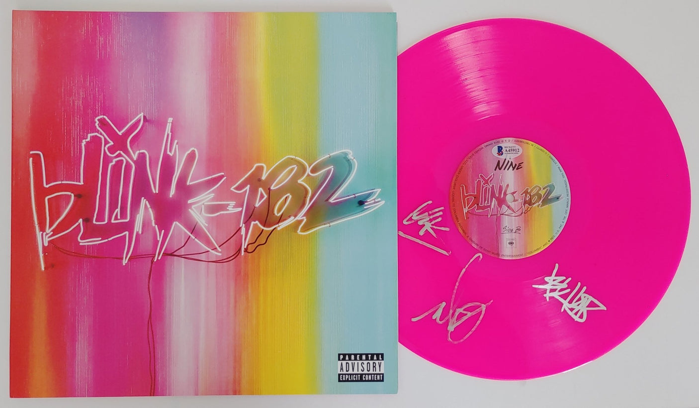 Mark Hoppus Travis Barker Matt Skiba signed Blink 182 Nine vinyl proof Beckett STAR