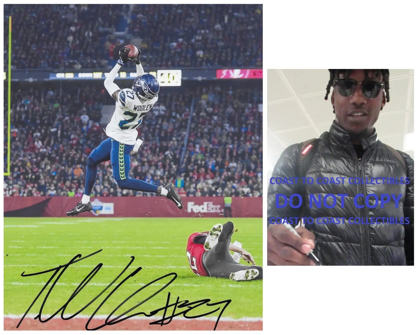 Tariq Woolen signed Seattle Seahawks football 8x10 photo proof COA autographed