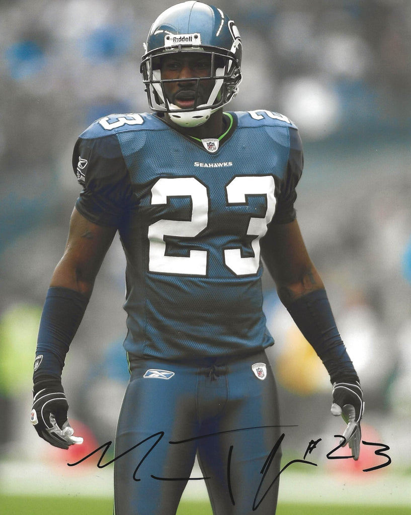 Marcus Trufant signed Seattle Seahawks football 8x10 photo Proof COA autographed.