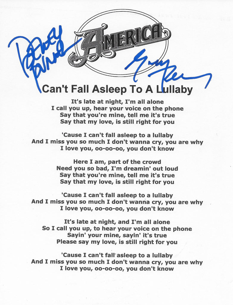 Dewey Bunnell Gerry Beckley signed America Can't Fall Asleep To A Lullabye Lyrics sheet COA Proof STAR