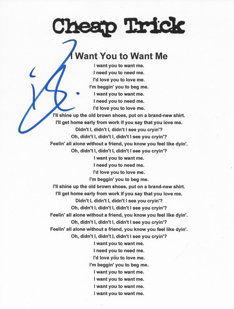 Robin Zander signed Cheap Trick I Want You To Want Me Lyrics sheet COA Proof autographed star