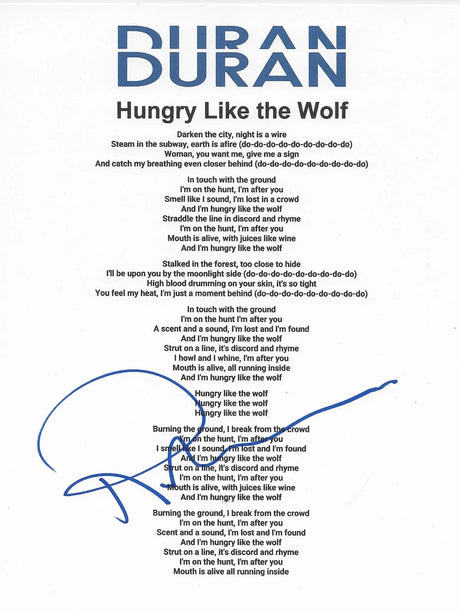 Roger Taylor drummer signed Duran Duran Hungry like the Wolf Lyrics sheet COA proof autographed STAR