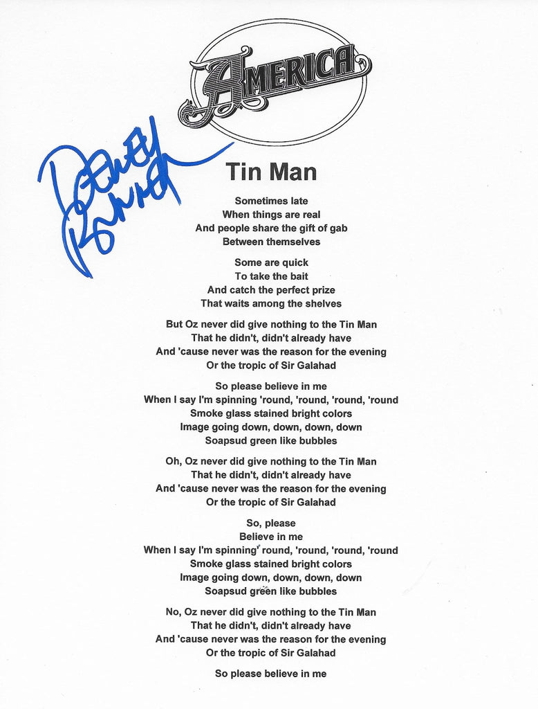 Dewey Bunnell signed America Tin Man Lyrics sheet COA Proof STAR