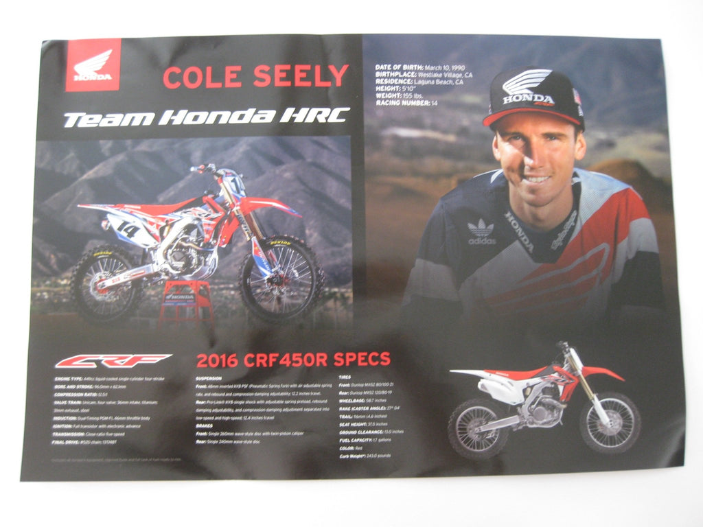 Cole Seely, Supercross, Motocross, Signed, Autographed, Honda 13x19 Poster, COA Will Be Included.