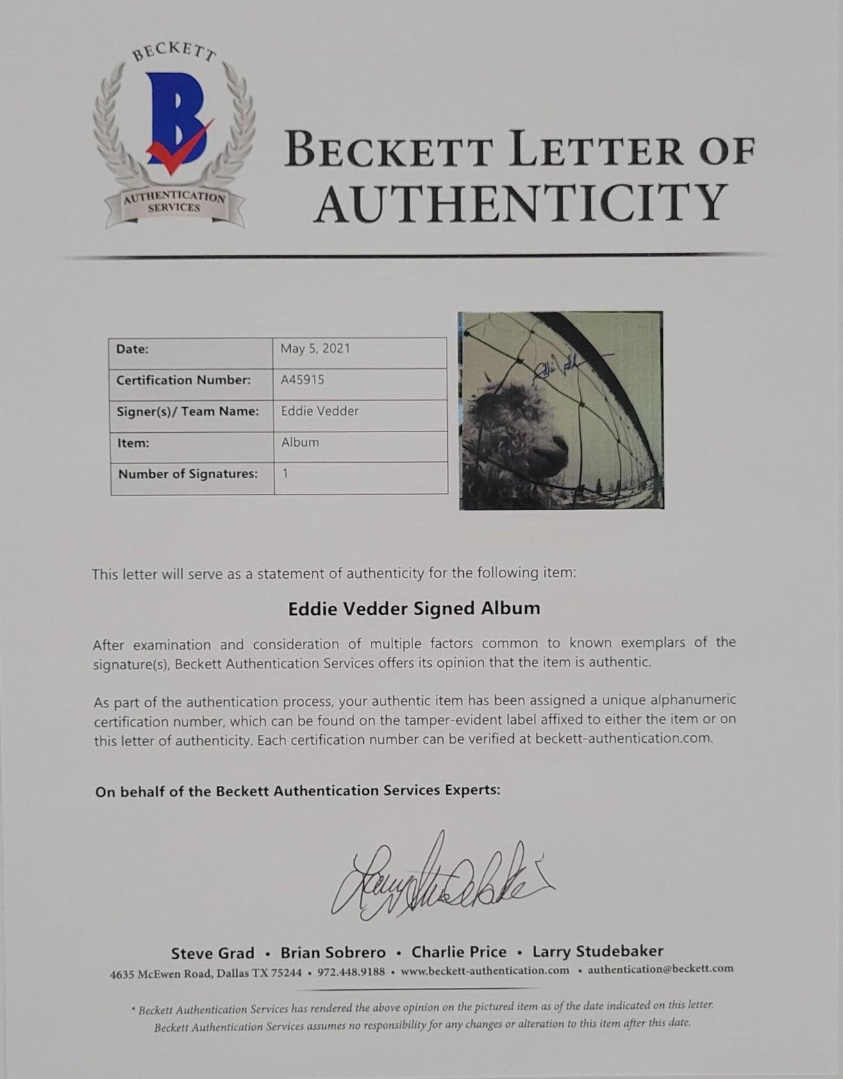 Eddie Vedder Signed Pearl Jam Vs. Album COA Proof Autographed Vinyl Record Beckett