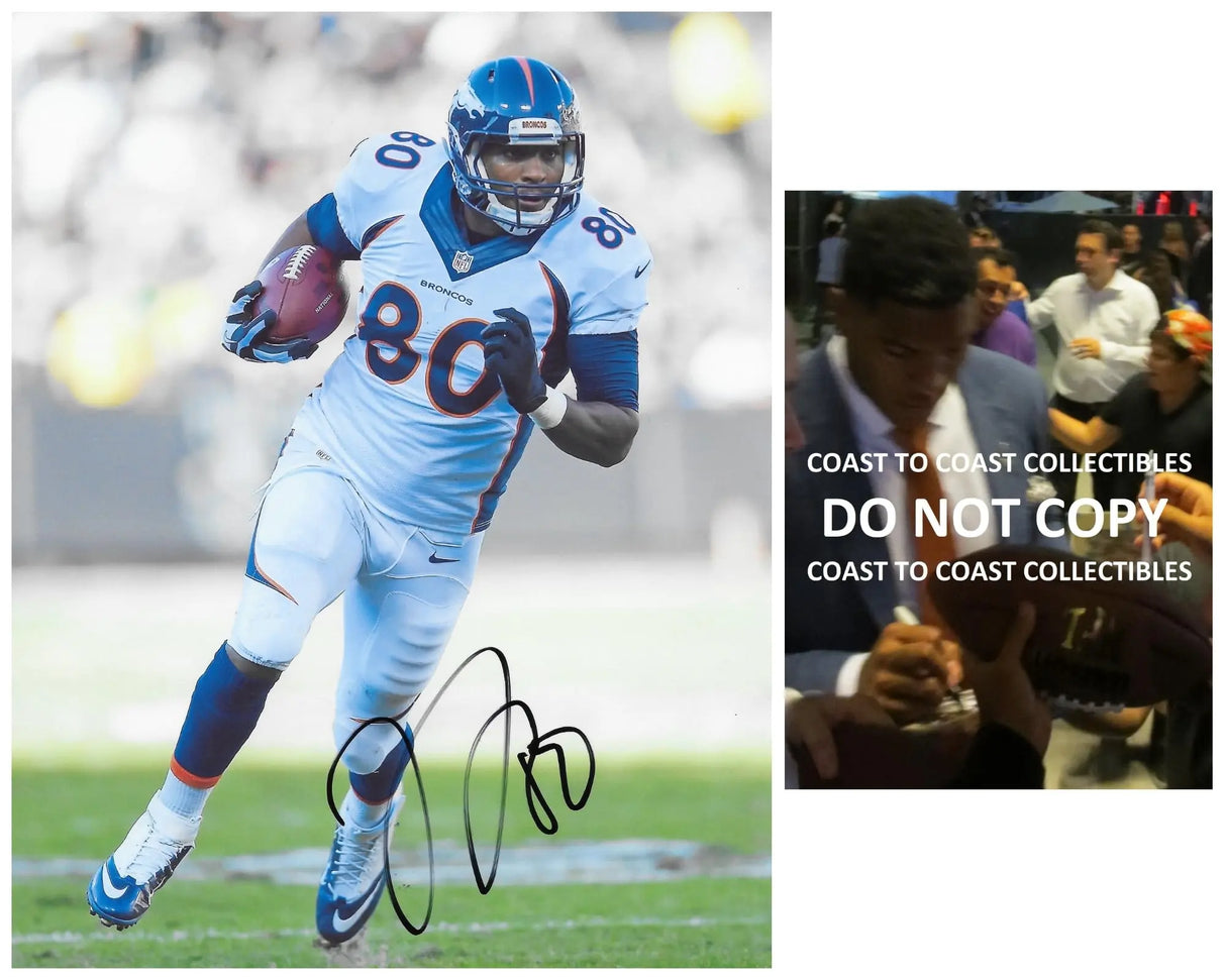 Julius Thomas signed Denver Broncos football 8x10 photo Proof COA autographed.