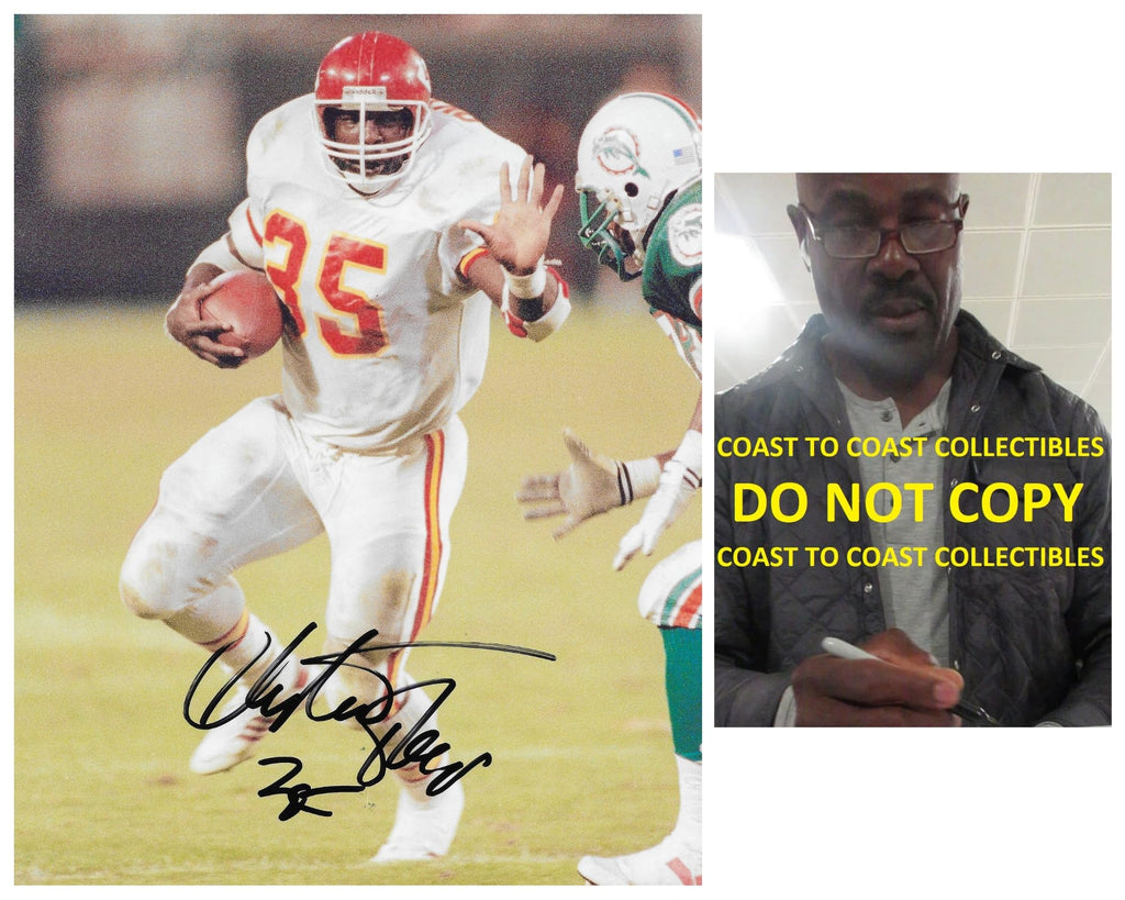 Christian Okoye signed Kansas City Chiefs football 8x10 photo COA proof autographed..