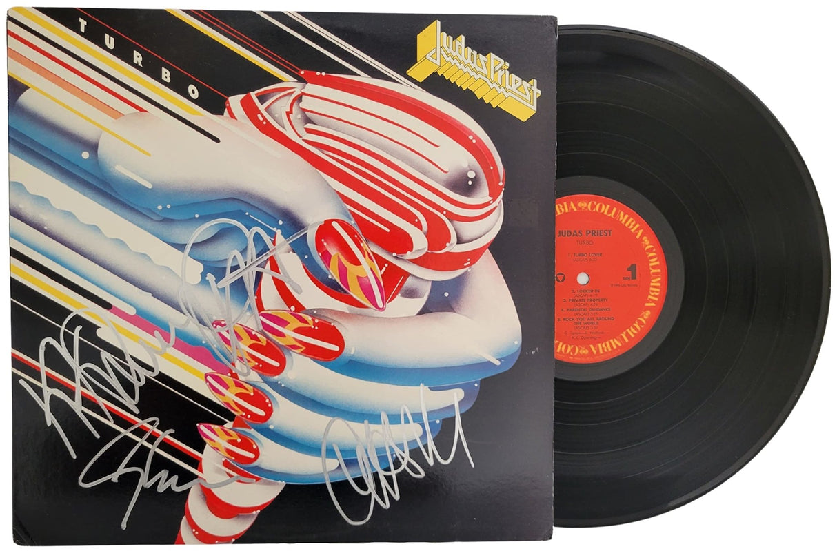 Rob Halford Glenn Tipton Ian Hill KK Downing signed Judas Priest Turbo album COA proof star