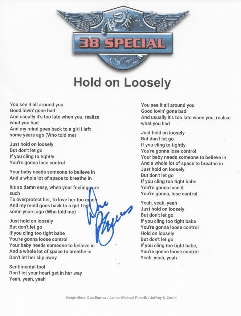 Don Barnes signed 38 Special Hold on Loosely Lyrics sheet COA Proof autographed