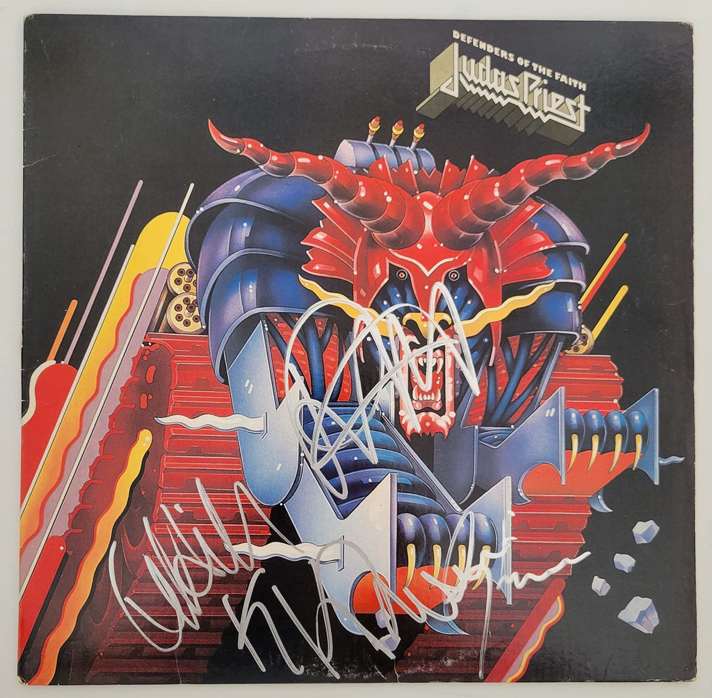 Halford Tipton Hill Downing signed Judas Priest Defenders of the Faith album COA proof star
