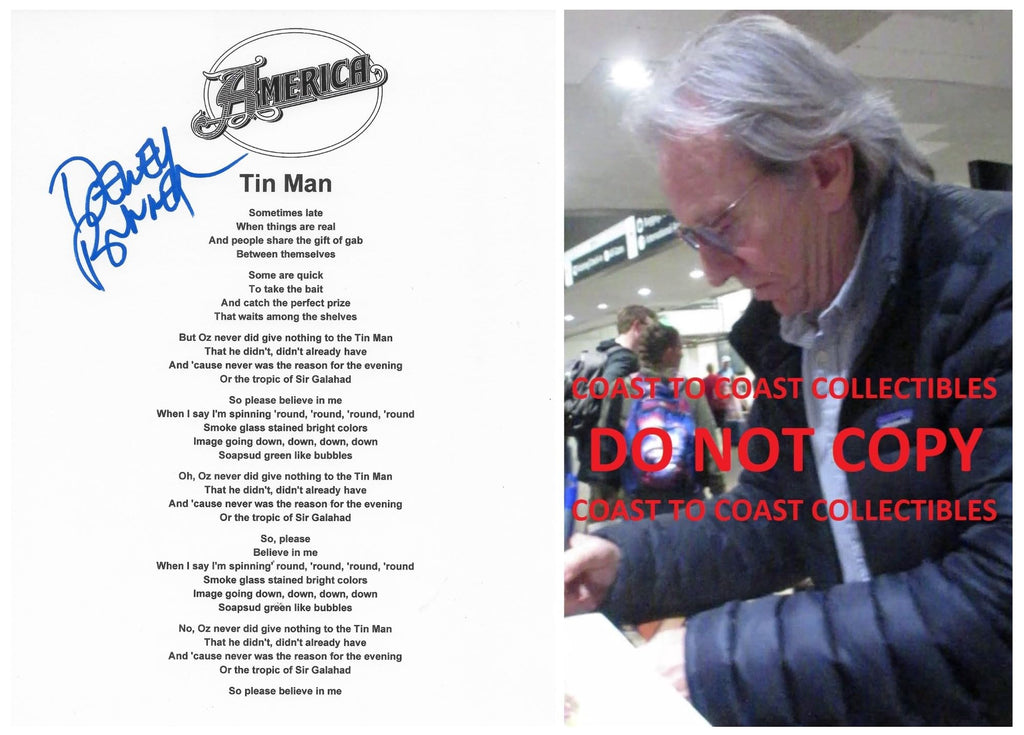 Dewey Bunnell signed America Tin Man Lyrics sheet COA Proof STAR