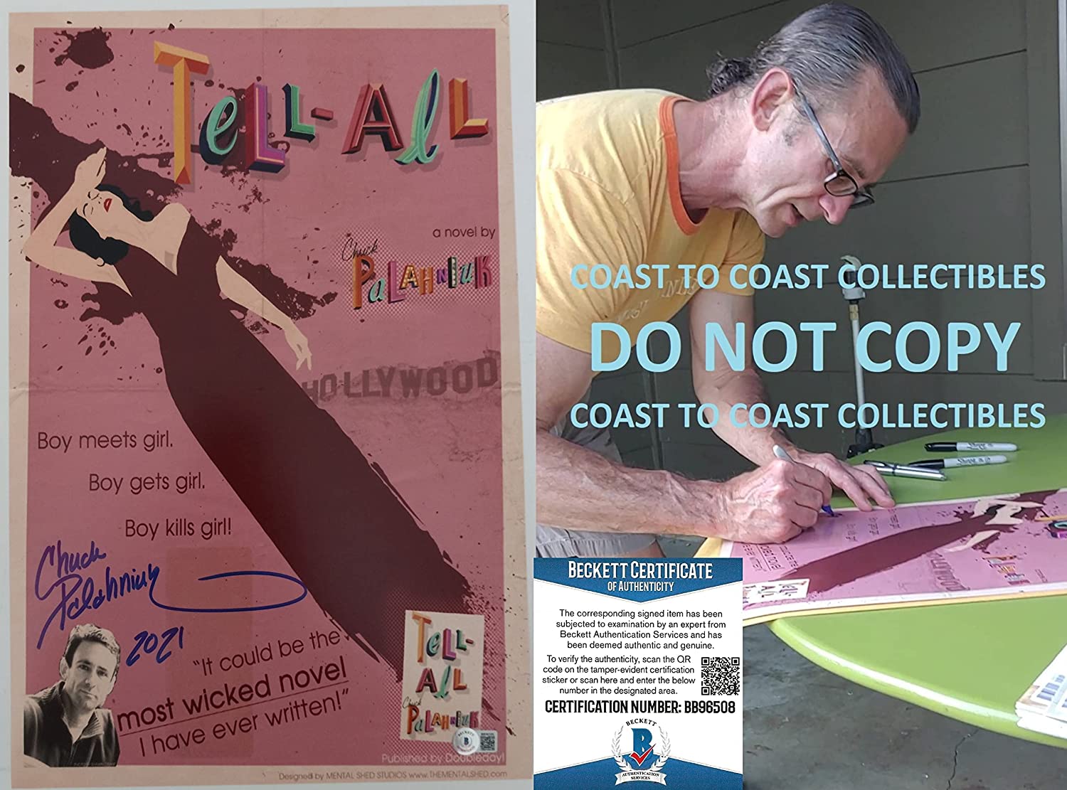 Chuck Palahniuk signed 12x18 Tell All movie poster photo Beckett COA exact proof STAR.