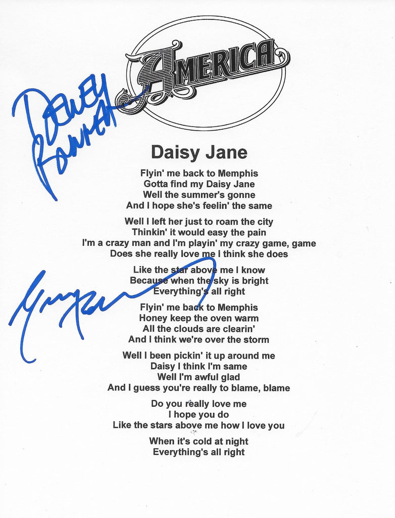 Dewey Bunnell Gerry Beckley signed America Daisy Jane Lyrics sheet COA Proof STAR
